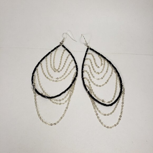 Women's Silver tone Dangling Chain - Black Beaded Hoop Fishhook Drop Earrings - Picture 5 of 6